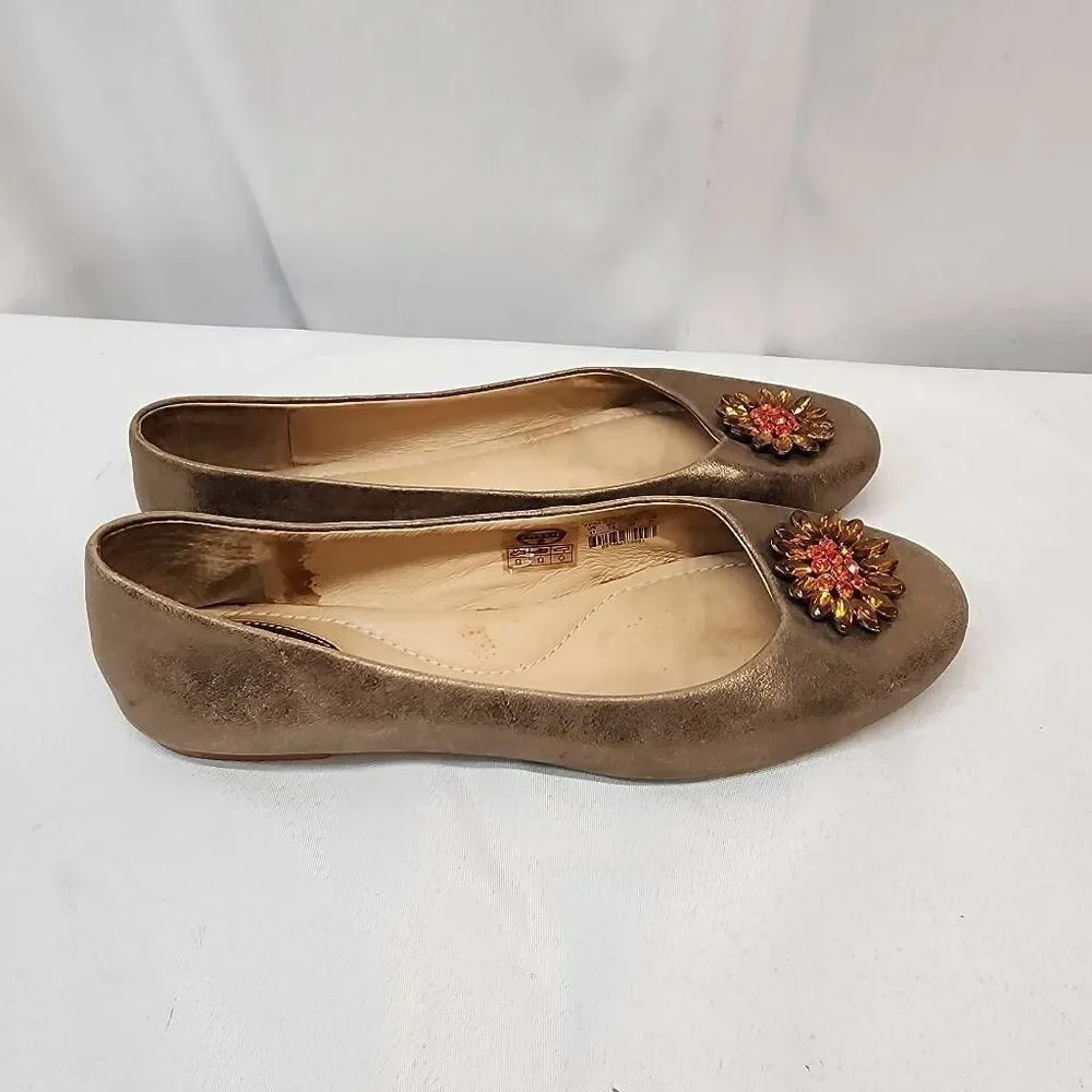 Fossil Womens Leather Ballet Flats Metallic Gold Flower brooch Size 11